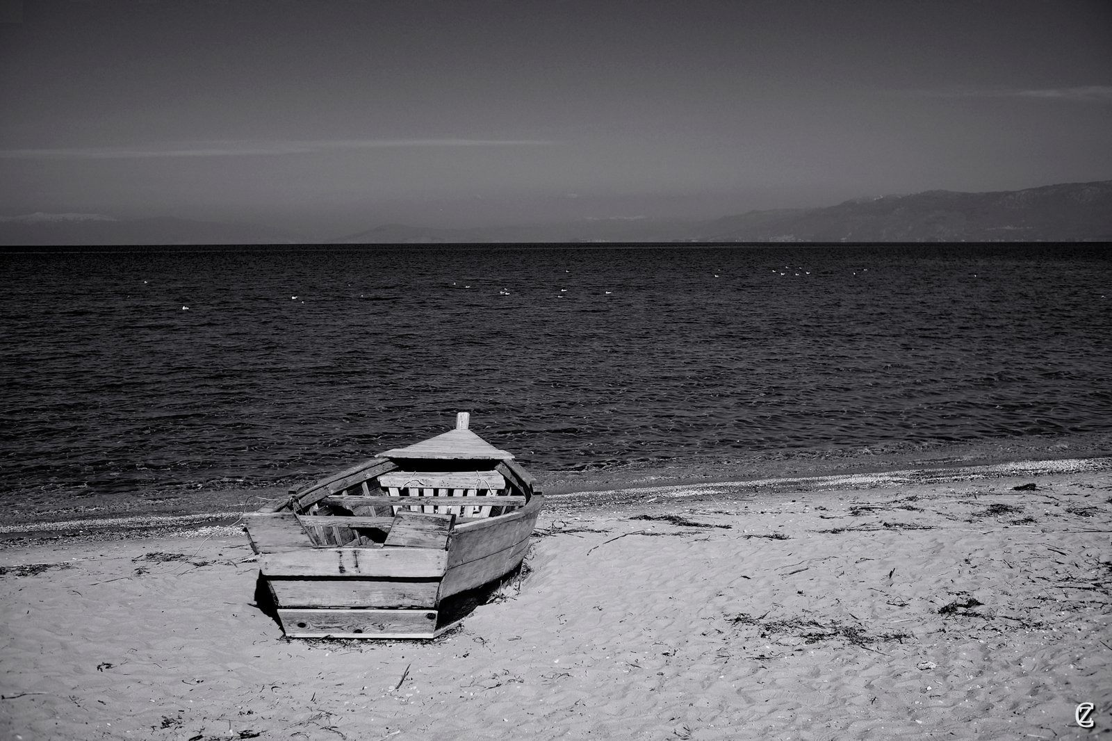 A wooden fishing boat on the shore of Lake Ohrid — a timeless scene on the Albanian side of the lake